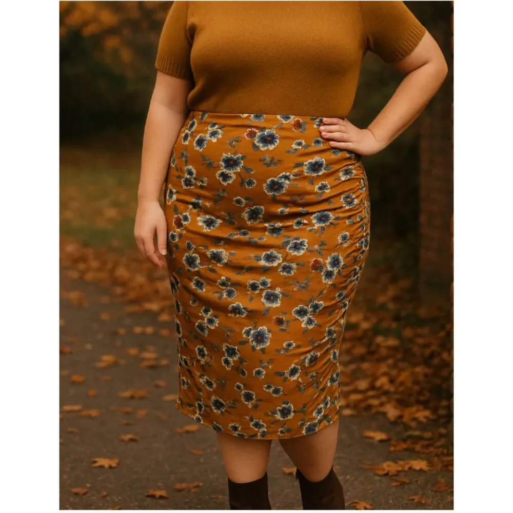 138 Ava & Viv Mustard Floral Ruched Midi Skirt – Plus Size